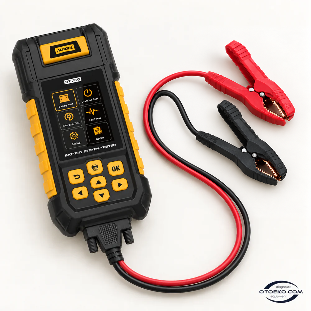 AUTOOL BT760 battery tester with built-in printer and red/black battery clamps.